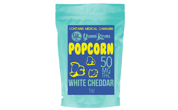 Cannabis-infused while cheddar popcorn from Yummi Karma